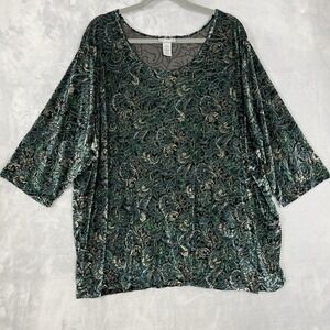 Catherines Floral Velvet Blouse Plus 3x Green Black Burnout Boho Whimsy Fairy